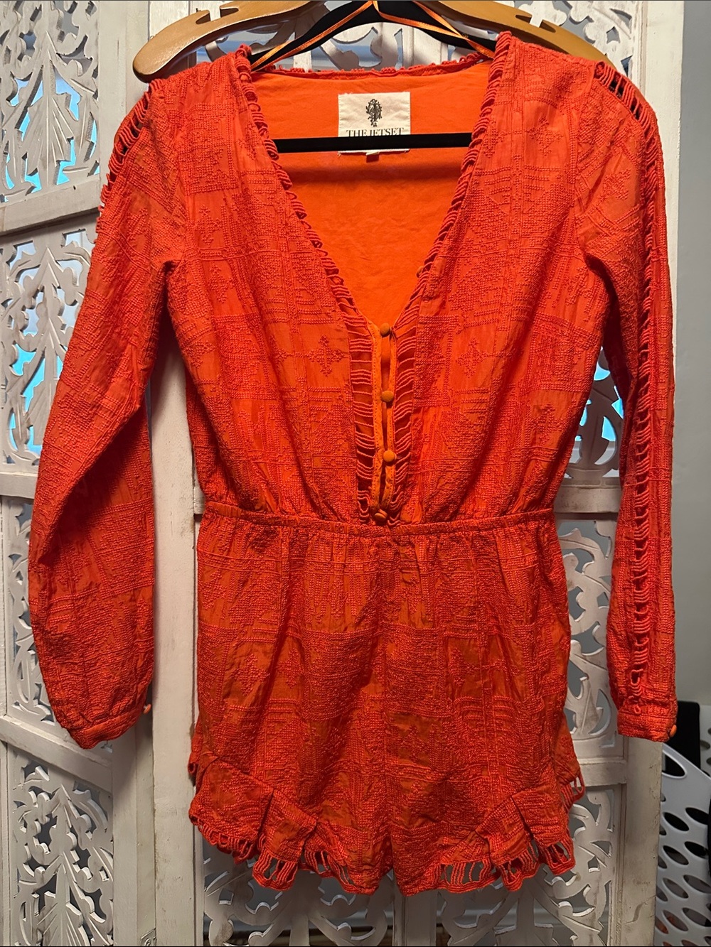 The Jetset Diaries Orange Textured V-Neck Romper Top
